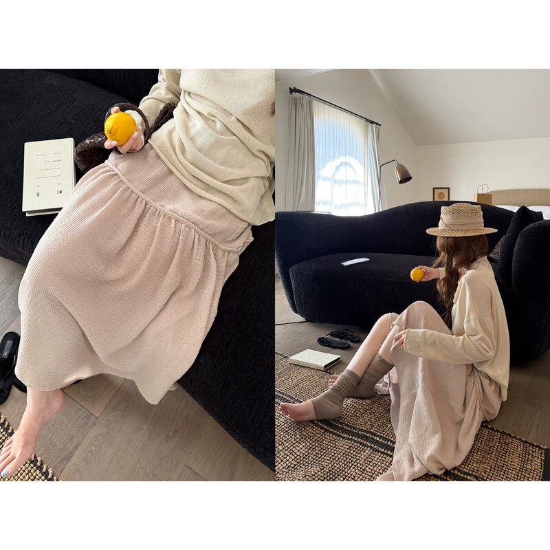 Early Summer Morning Mist~Light and Airy A-Line Pleated Patchwork Elastic Waist Skirt with Textured Long Skirt Early Summer Morning Mist~Light and Airy A-Line Pleated Patchwork Elastic Waist Skirt with Textured Long Skirt