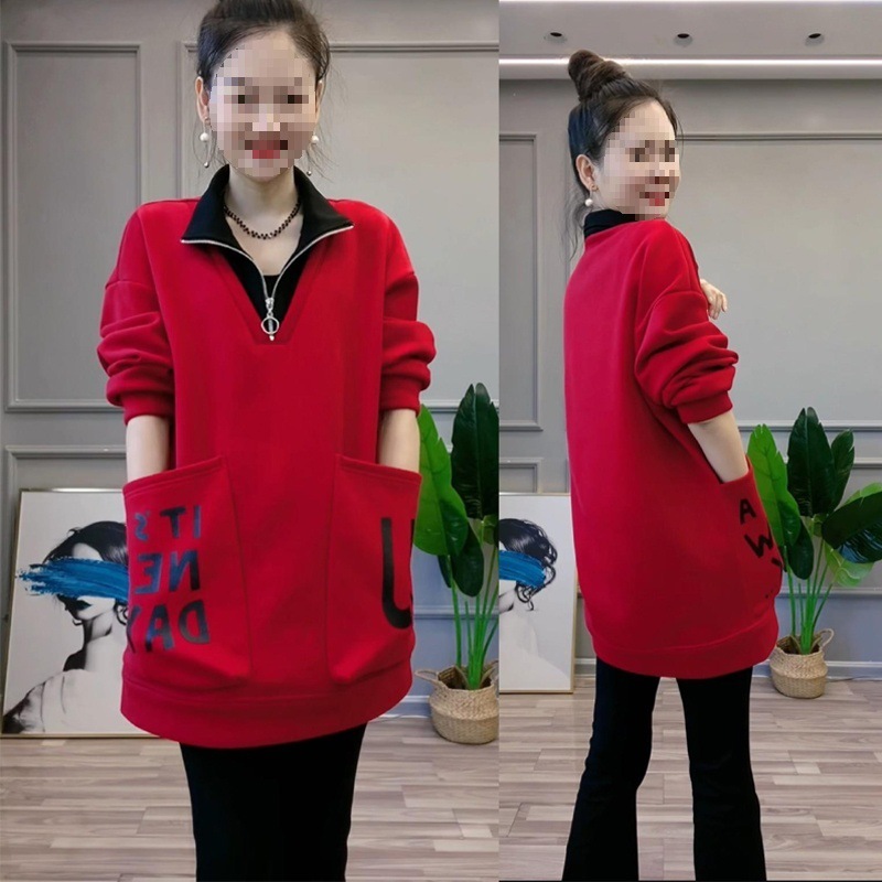 假两件卫衣女2025秋季新款洋气宽松显瘦立领中长款外贸休闲上衣潮|undefined