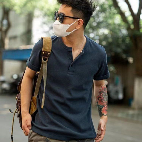 Men's Vintage American Short-Sleeve T-Shirt with Henry Collar, Honeycomb Weave, Trendy V-Neck Polo Shirt