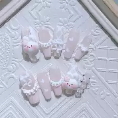 Original handmade wearable nail cute sweet girl pink girl heart skirt rabbit girl fake nail nail art patch finished product