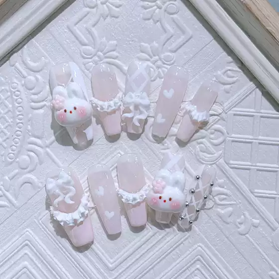 Original handmade wearable nail cute sweet girl pink girl heart skirt rabbit girl fake nail nail art patch finished product