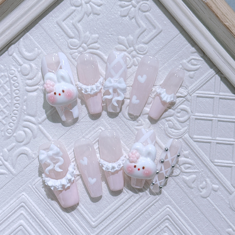 Original handmade wearable nail cute sweet girl pink girl heart skirt rabbit girl fake nail nail art patch finished product