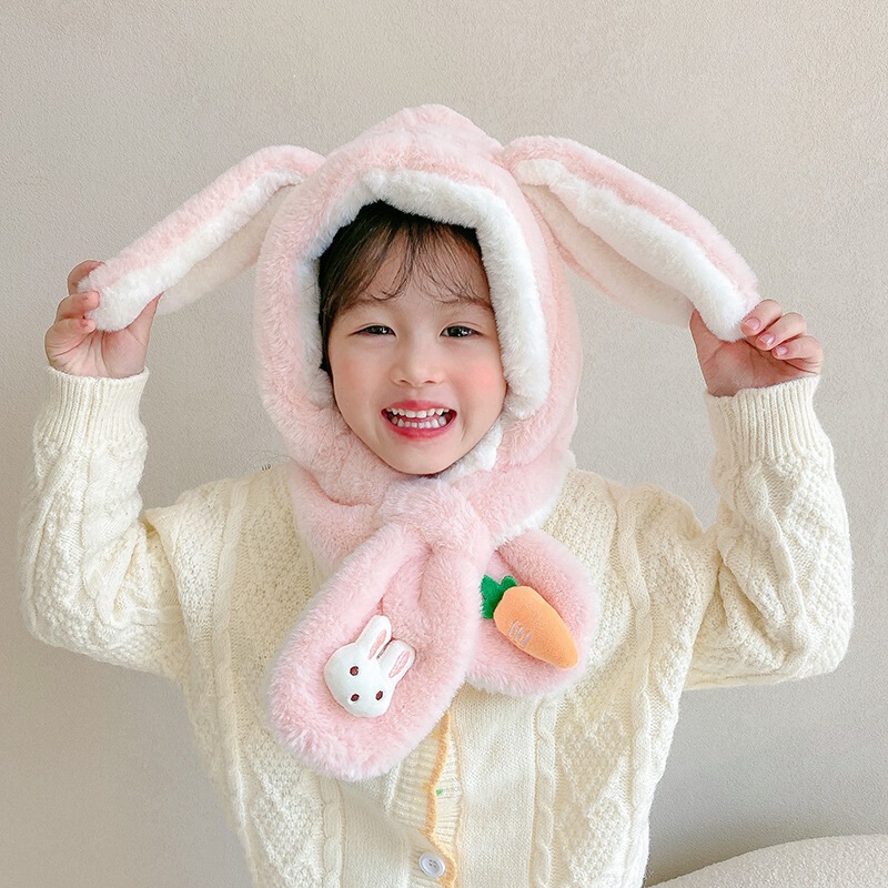 Children's hat and scarf combo, winter plush hat for boys and girls, two-piece set with cute bunny ears, popular online