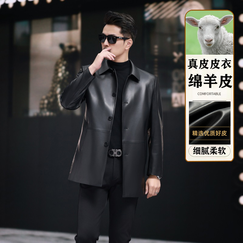 Haining Genuine Leather Coat Men's Sheepskin Mid-length Lapel Button Leather Jacket Business Casual Dad Jacket
