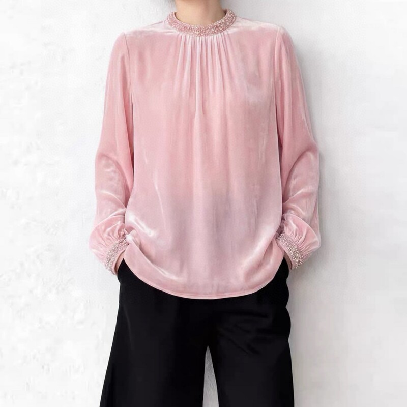 26 Early Spring Silk Velvet Shirt with Half-High Collar, Beaded Cuffs and Neckline, Pleated French-Style Elegant Loose Top 129 26 Early Spring Silk Velvet Shirt with Half-High Collar, Beaded Cuffs and Neckline, Pleated French-Style Elegant Loose Top 129
