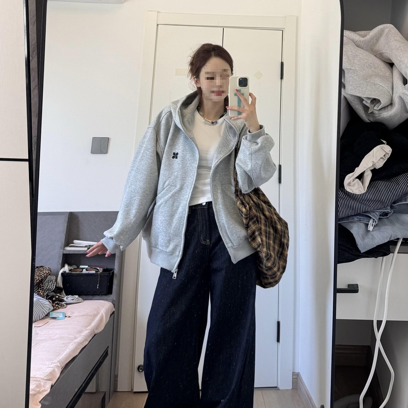 【仿华棉复合】开衫设计感高街灰色连帽高领卫衣女宽松气质百搭外|undefined