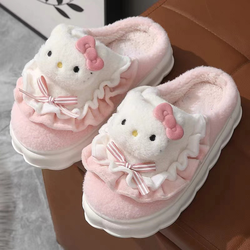 Hellokitty gatos zapatillas de algodón damas bolsas de invierno tacones 2024 nuevo lindo cabello? más zapatos de algodón de camisa de luna mujer