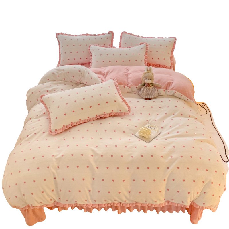 Cama de terciopelo de leche gruesa de cuatro piezas de otoño e invierno sábanas de terciopelo de coral de doble cara funda de edredón cubierta de cama ropa de cama