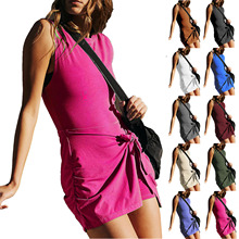 2024亚马逊热卖女士纯色时绑带休闲双口袋短裤针织连衣裙