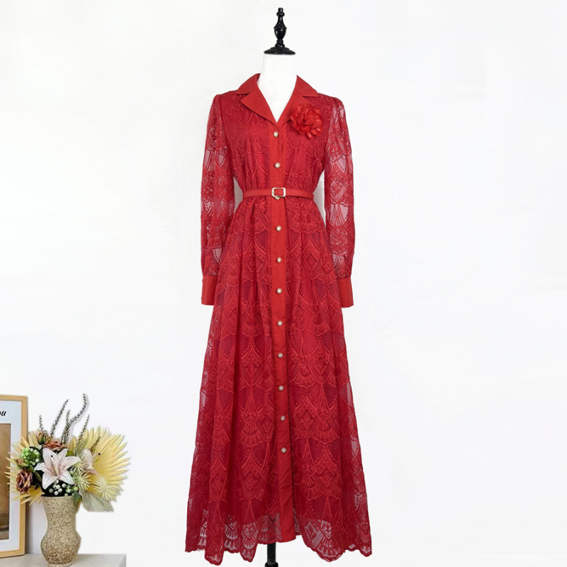 French-Style Socialite Style Heavy-Duty Hollow-Out Embroidery Dress for Women, 2026 New Model, Single-Breasted with Belt, Slimming Long Dress French-Style Socialite Style Heavy-Duty Hollow-Out Embroidery Dress for Women, 2026 New Model, Single-Breasted with Belt, Slimming Long Dress