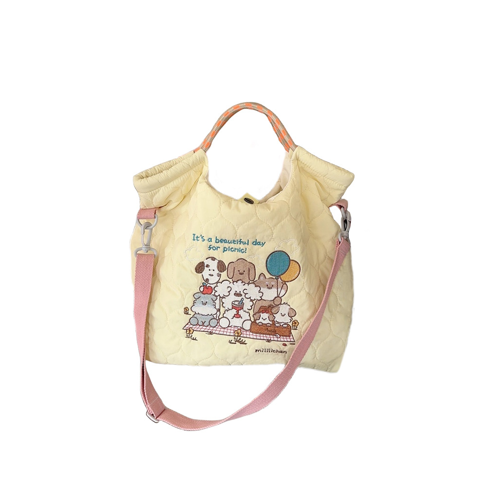 M31224 estilo coreano suave lindo bordado acolchado algodón bolsa de mensajero gran capacidad portátil compras bolso cercanías