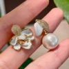 Beige enamel from pearl, earrings, silver 925 sample