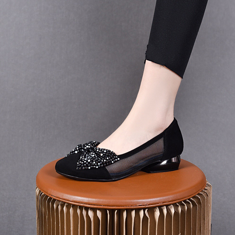 Sandal nữ đế bệt da thật mũi tròn gót vuông quai chữ V nơ bướm thoáng khí — Màu đen