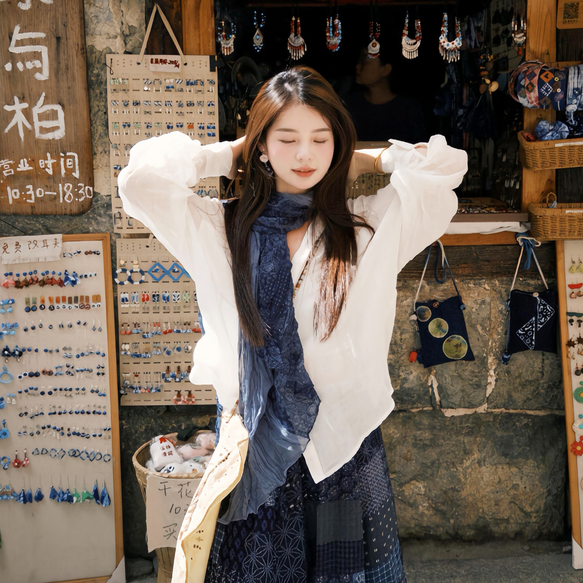 Yunnan Travel Cashew Flower Thin Retro Literary Cotton and Linen Scarf Women's Pleated Silk Scarf Neck Long Shawl Gauze Scarf