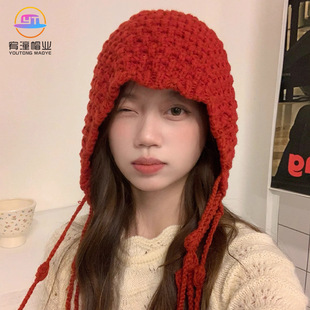 Autumn and winter women's big head wrap cap for face small thickened ear protection warm cap hand-woven tassel knitted cap