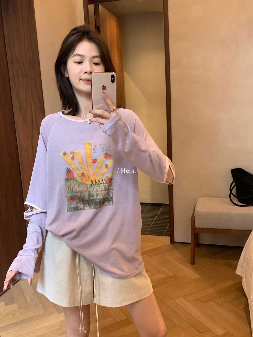 Áo thun nữ tay dài in họa tiết hoạt hình, chất liệu mỏng nhẹ, form rộng thoải mái — Xám tím, màu trắng chi tiết 25