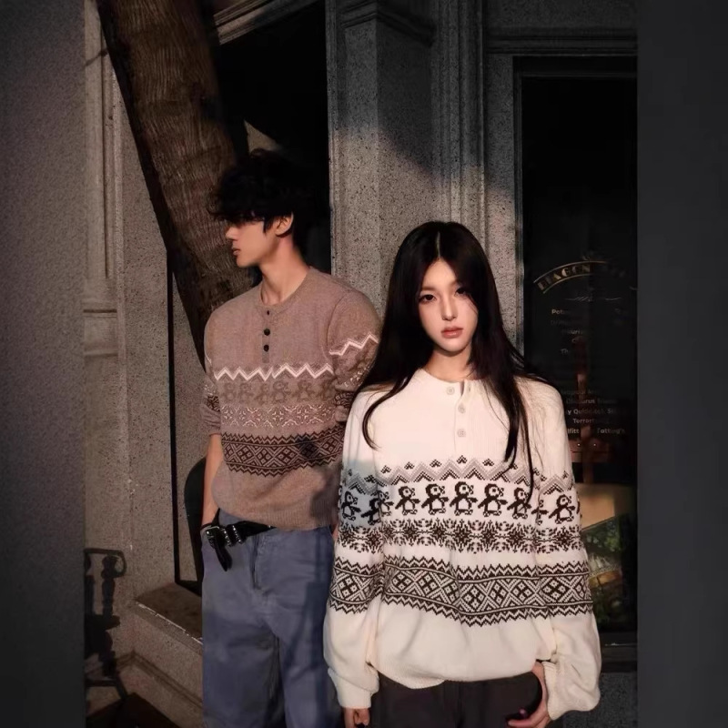 High-Quality "Christmas Penguin" Fair Isle Vintage Pattern Autumn/Winter Boxy Sweater Round-Neck Knit Pullover
