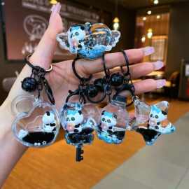 入油电视机流沙瓶熊猫钥匙扣甜甜圈熊猫漂浮公仔亚克力挂件批发