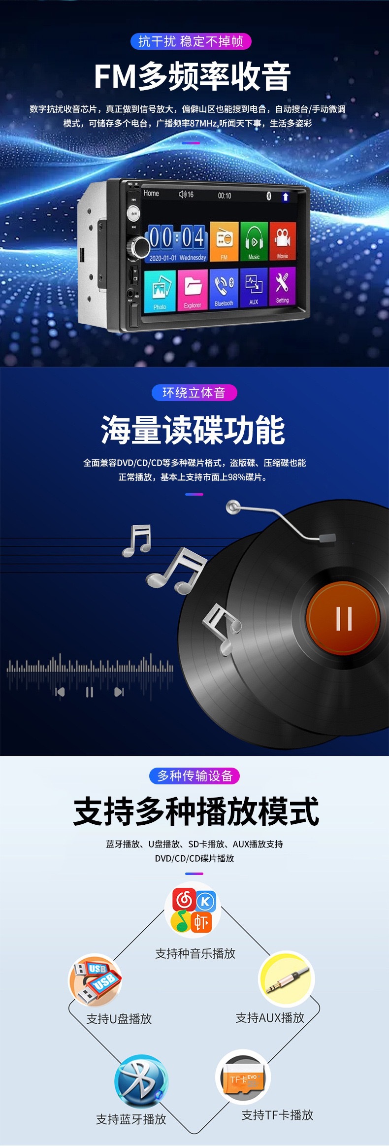 7inch Car Mp5 Player Mp3 Player 7010B Card-Insert USB Radio Receiver Bluetooth Hands-Free Reverse Camera