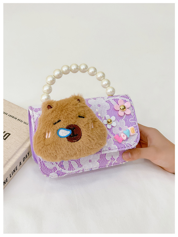 131g Weight Synthetic Leather Lining Material Lace Fashion Element Magnetic Buckle Closure Type Top Handle, Chain Strap Type Crossbody Bag Bags Type Daily Occasion Synthetic Leather, Polyester Material Kids Backpack Backpack Capybara Pattern All Seasons Season Kid'S Gender Cute Style Square Shape Kid'S Synthetic Leather Polyester Capybara Cute Lace Square Magnetic Buckle Crossbody Bag 2