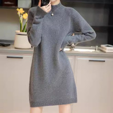 秋冬新款韩版中长款毛衣女纯色慵懒套头半高领宽松针织衫毛衣裙女