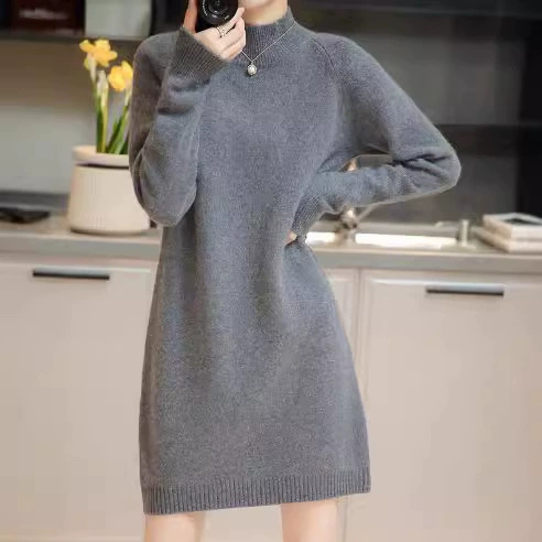 Осенний и зимний новый корейский свитер средней и длинной одежды женский сплошной цвет ленивый пуловер полувысокого воротника свободный свитер свитер платье женский
