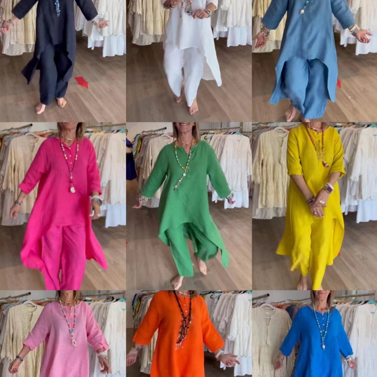 Sommer Neues Produkt Schneller Verkauf Einfarbiges Lässiges Langarm-Set aus Baumwolle und Lazy Style für Damen_voghion.com