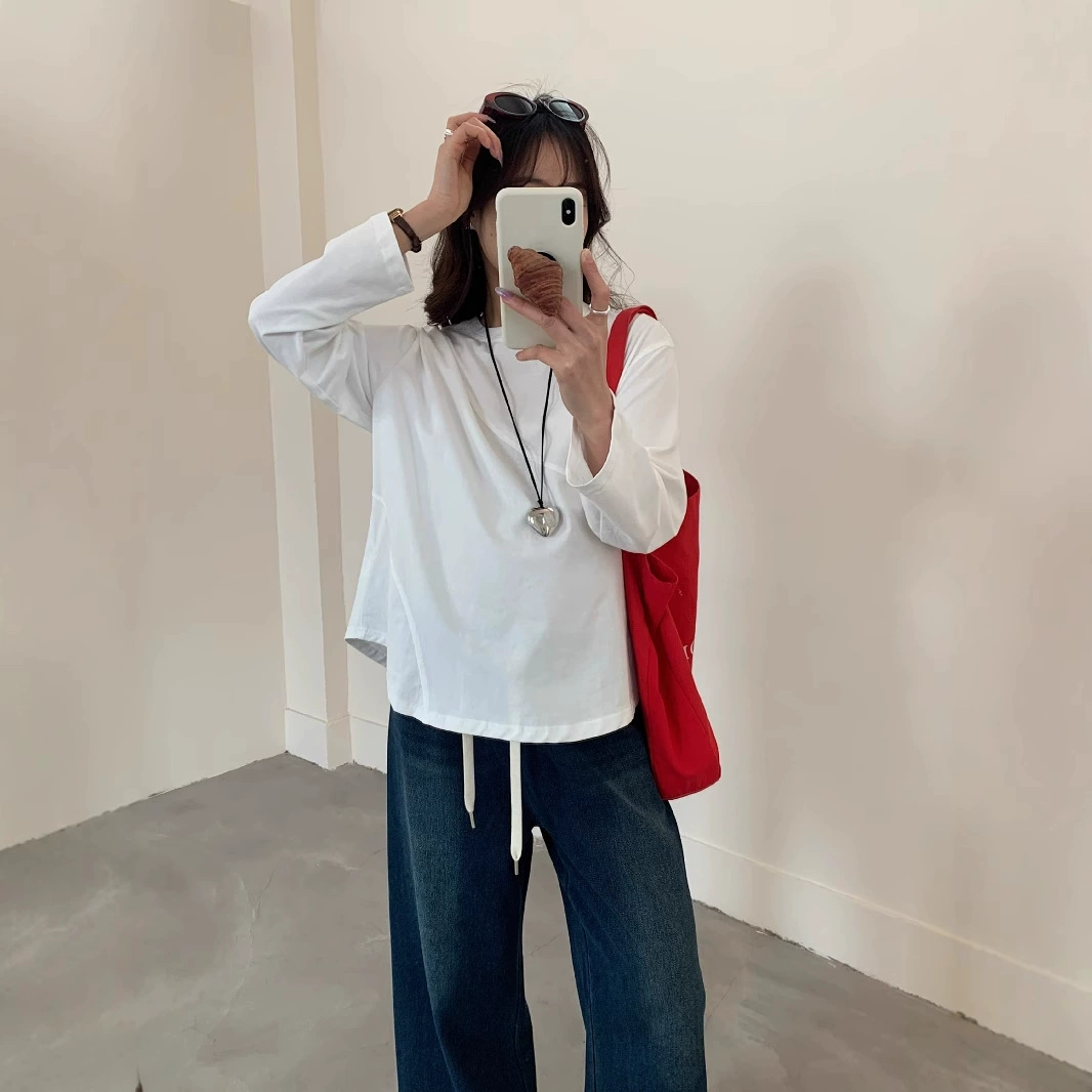 Нижняя рубашка для беременных ранней весной новая простая простая футболка с круглым вырезом с длинным рукавом Корейская версия повседневная дикая хлопчатобумажная беременная женщина tee