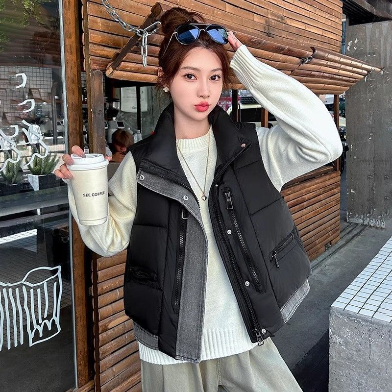 牛仔拼接羽绒棉马甲外套女2025秋冬季新款时尚百搭坎肩背心马夹女|undefined