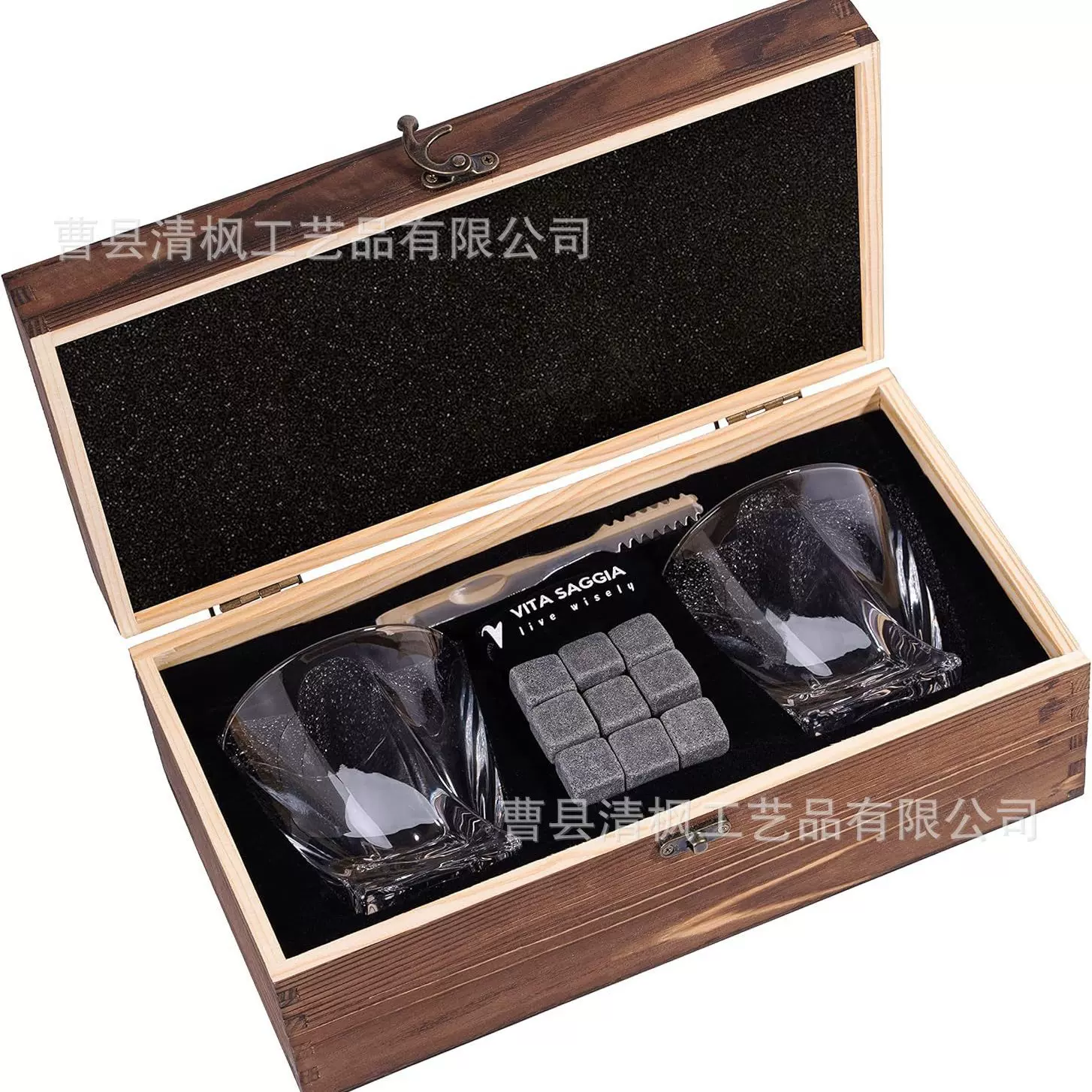 跨境冰酒石盒威士忌冰酒石酒具套装 whisky stone 玻璃杯木盒套装
