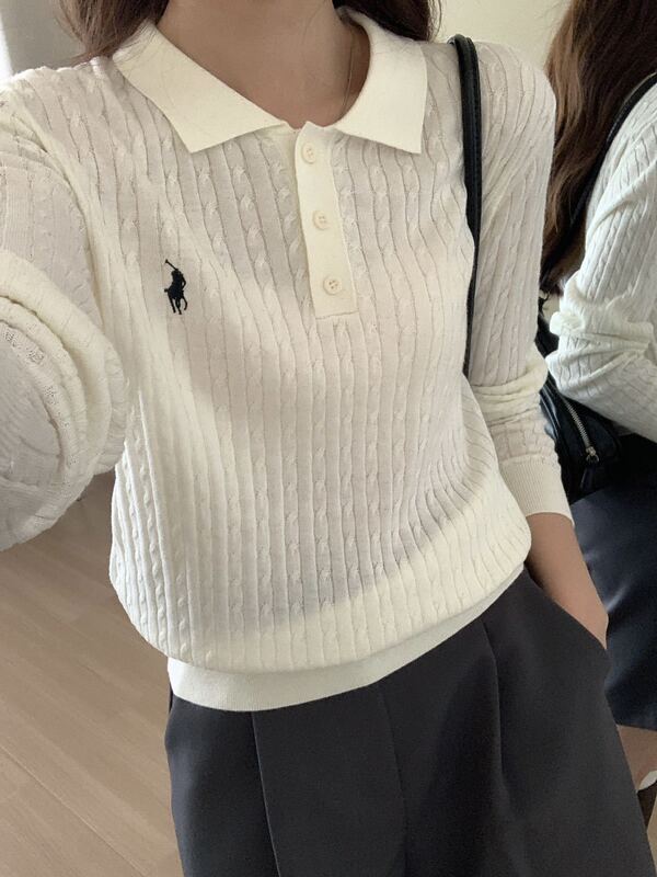 polo领小马女士麻花翻领长袖针织衫秋新款上衣刺绣绞花毛衫t恤潮|undefined