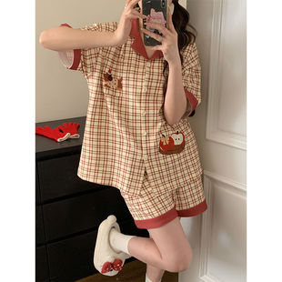 Pure Cotton Summer Contrasting Plaid Puppy Print Pajamas for Women Loose Home Lazy Style Short-Sleeved Home Wear Set