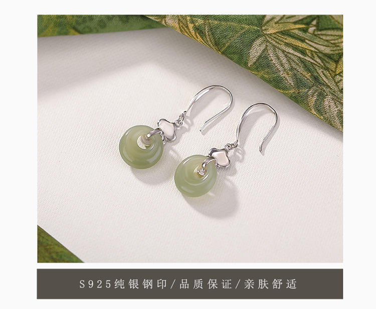 Bông tai nữ bạc S925 đính ngọc bích vàng tự nhiên và pha lê men xanh, mặt dây hình bình an khóa — Một đôi chi tiết 6