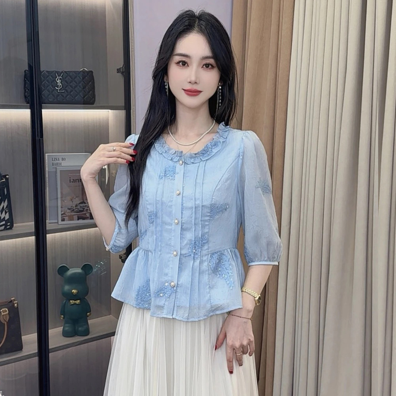 时尚花边圆领衬衫女2025早秋新款洋气显瘦外贸宽松遮肚百搭上衣潮|undefined