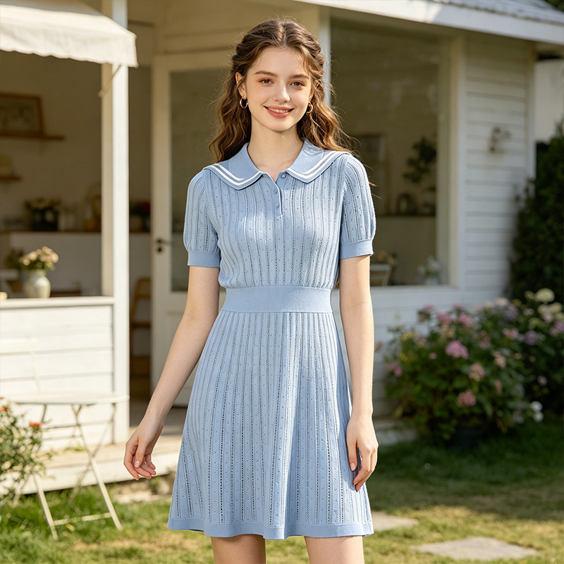 Dalang Sweater Factory Customized College Style Navy Collar Hollow Knit Dress Women's Slim Fit A-Line Short Dress