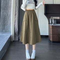 安可拉红工装半身裙女秋季新款高腰松紧腰显瘦休闲大摆字伞裙潮