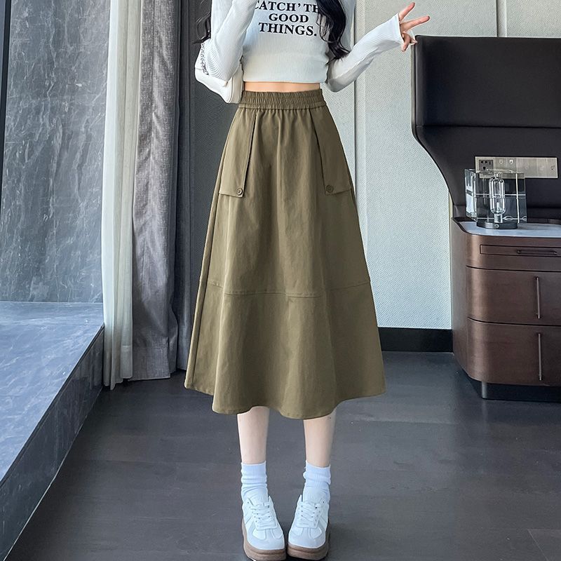 安可拉红工装半身裙女秋季新款高腰松紧腰显瘦休闲大摆字伞裙潮|undefined