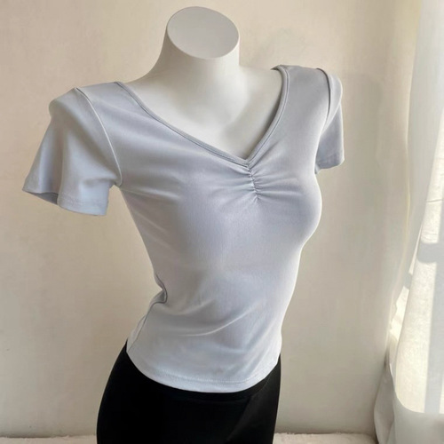 Dance Team Training Suit Ethnic Dance Wear Fitted V-Neck Pleated Yoga T-Shirt for Women Black Short Sleeve Underwear