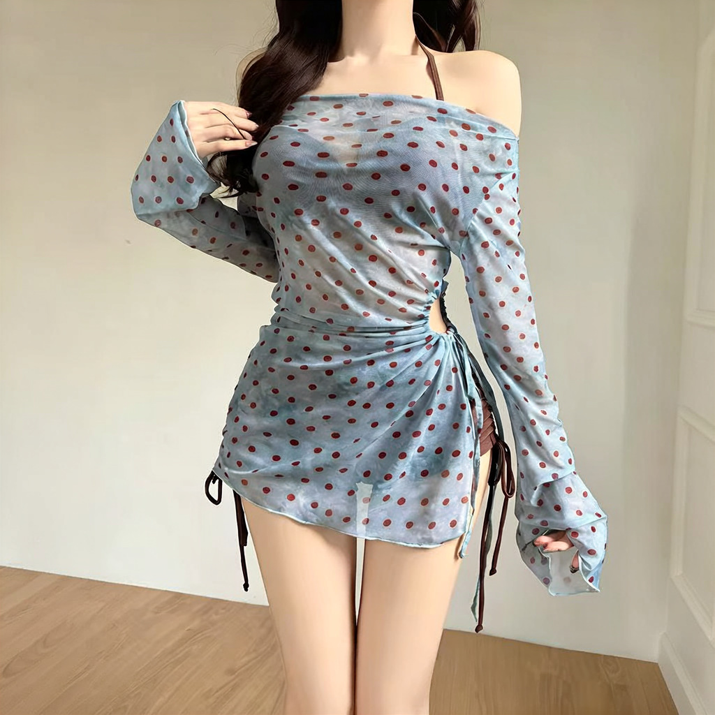 Women's Three-Piece Swimsuit Set with Long Sleeves, Polka Dots, Underwire Bikini, Sexy Slim Fit, Body-Covering, Suitable for Hot Springs and Vacation
