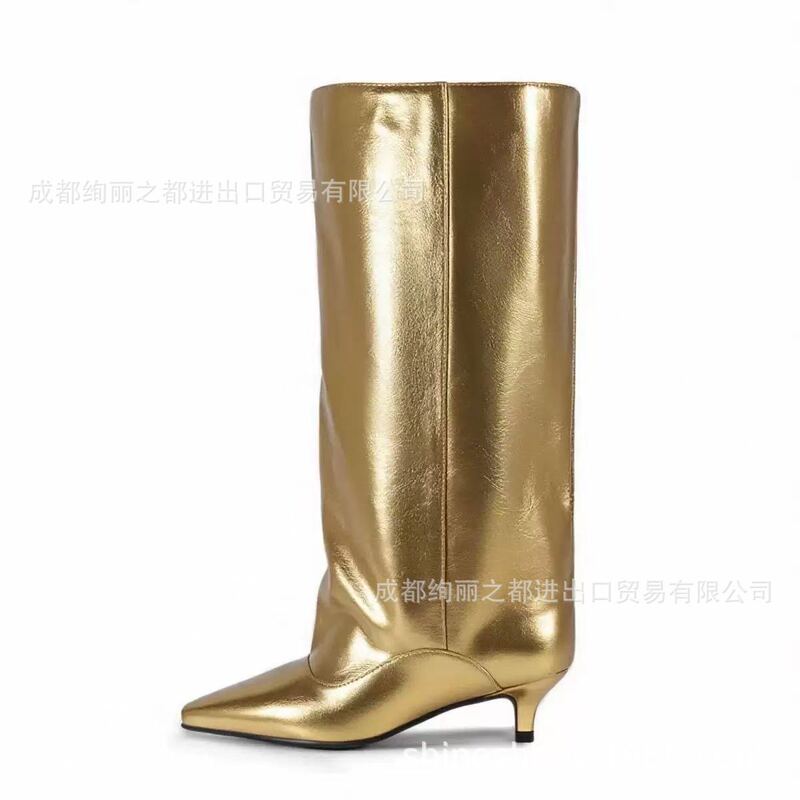 European and American Style Pointed-Toe Mid-Calf Boots for Women, Metallic Shiny Thin-Heeled Knee-High Boots, Fashionable and Versatile, Slimming Long Boots