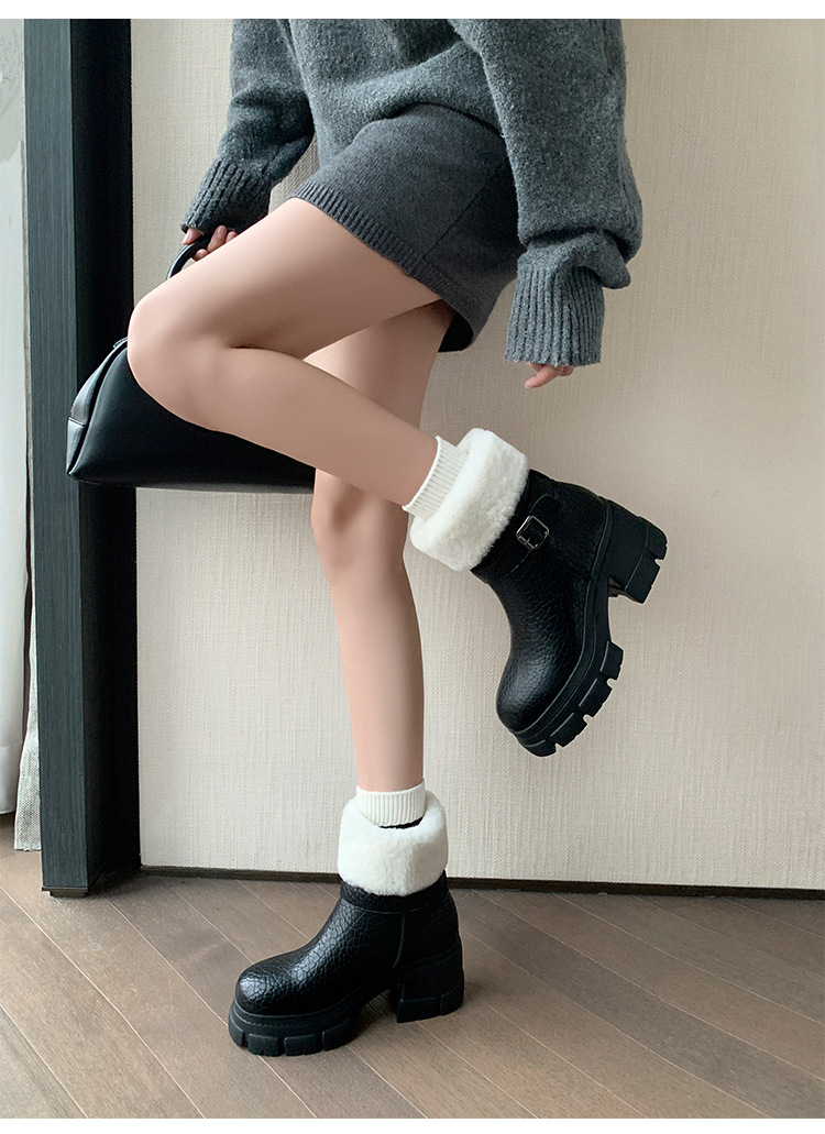 Boot tuyết nữ da thật cổ ngắn lót lông cừu, đế dày khóa thắt lưng gót vuông — màu nâu chi tiết 8