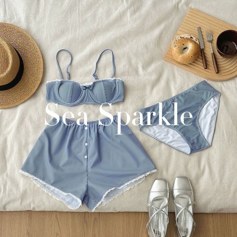 [Sea Sparkle]协奏曲ins海盐甜心比基尼蓝白条纹海岛度假分体泳衣|undefined