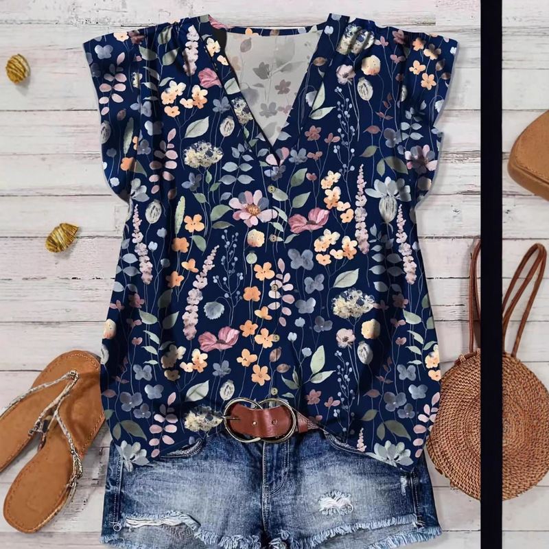 Cross-Border Hot-Selling Women's Casual and Elegant Cap-Sleeved Loose Shirts, Cross-Border Source Factories Support Drop Shipping