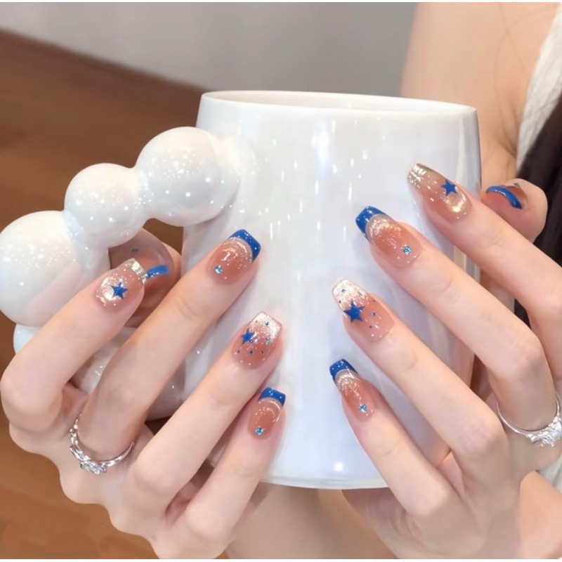 【Gilded Blue Star】Handmade Wearable Nails, Starry Sky Style, Blue French Design, Flattering and High-End Feel, 10 Pieces 【Gilded Blue Star】Handmade Wearable Nails, Starry Sky Style, Blue French Design, Flattering and High-End Feel, 10 Pieces