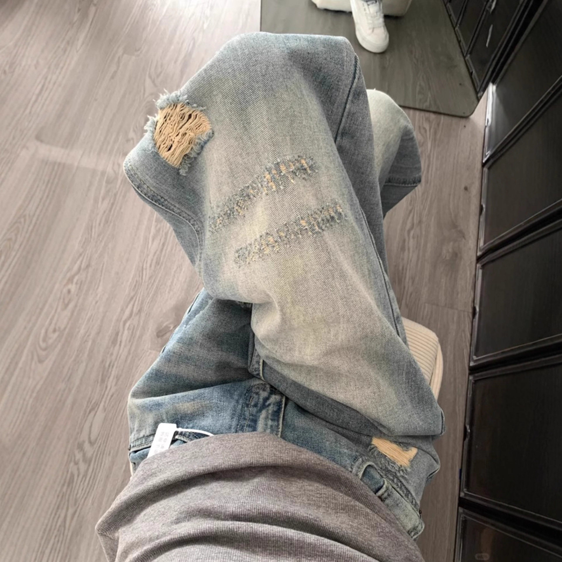 American-style ripped jeans for men and women, summer thin plus size, relaxed fit, high-waisted, loose, wide-leg style.
