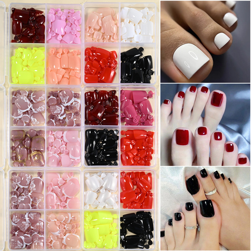 Cross-Border Boxed Set of 96 Colorful Toenail Pieces, Simple Solid Color Fake Toenails, 96-Piece Nail Stickers