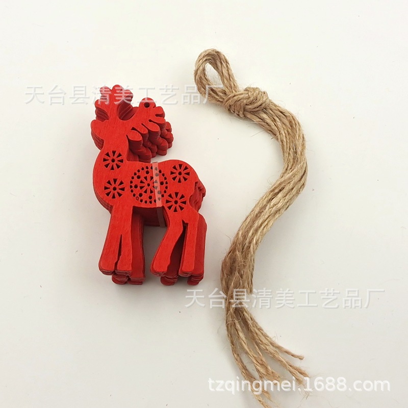 Productos de madera de la serie de Navidad roja DIY colgante de dibujos animados de Navidad de madera 10 piezas un paquete con 10 cuerda de cáñamo
