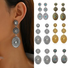 跨境波西米亚复古民族风流苏圆形状合金松石耳环百搭耳饰女几何型