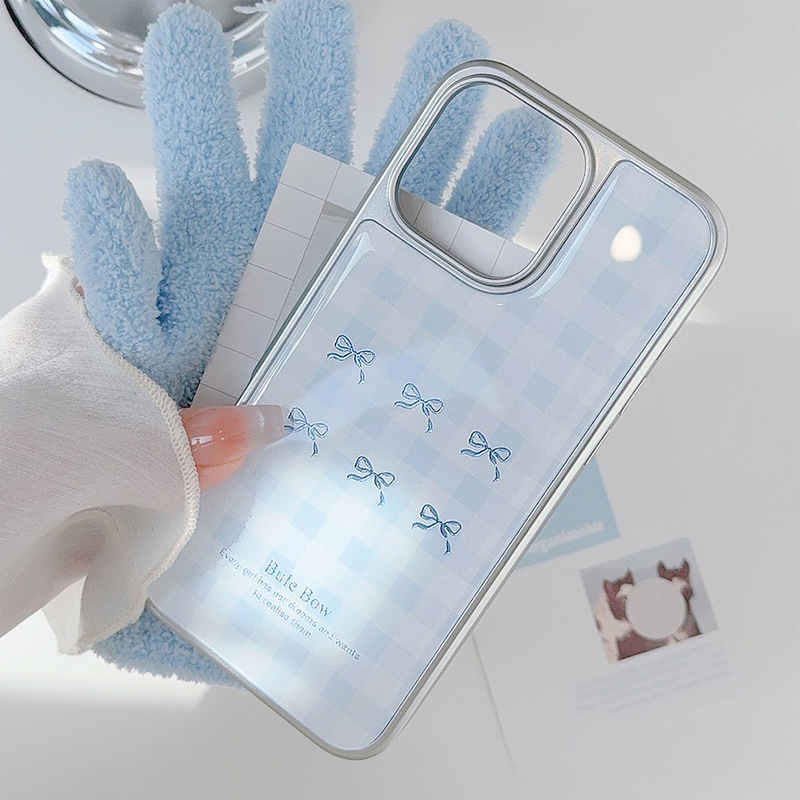Gold-Plated iPhone 16 Phone Case 17 Pro Max Milk Blue Plaid 14 Electroplated 13 Resin-Coated 15 Suitable for Apple 12 Hard Case