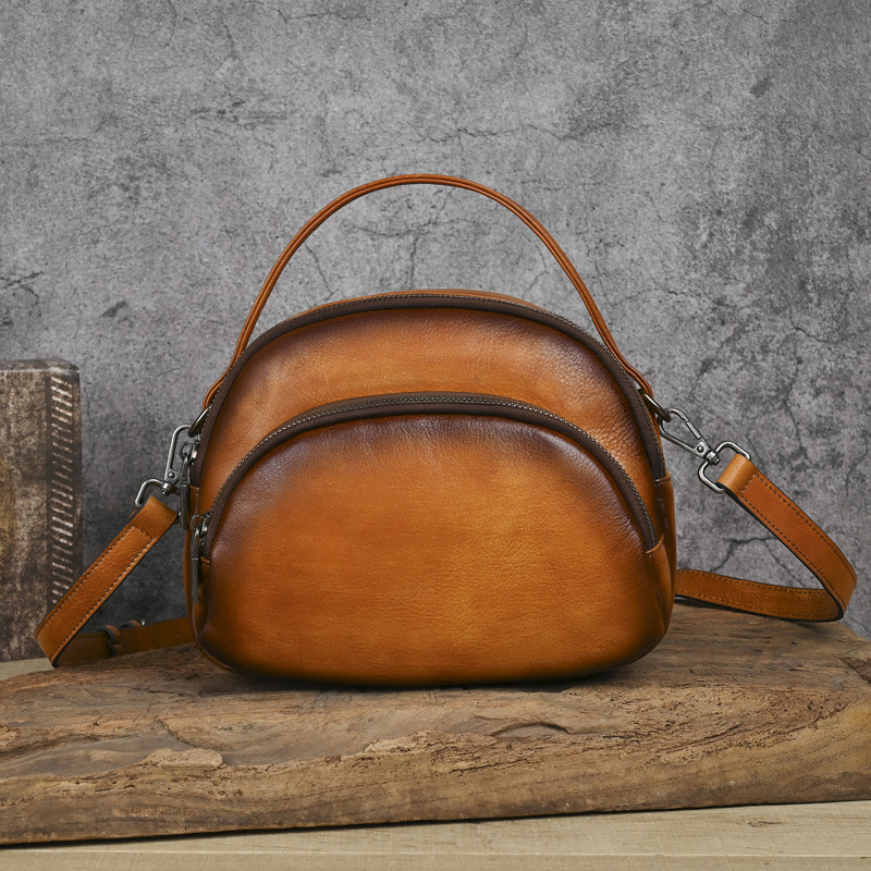 Túi đeo chéo nữ da bò cao cấp phong cách retro Maillard, kích thước 23×18×9.5 cm — Vàng cổ điển